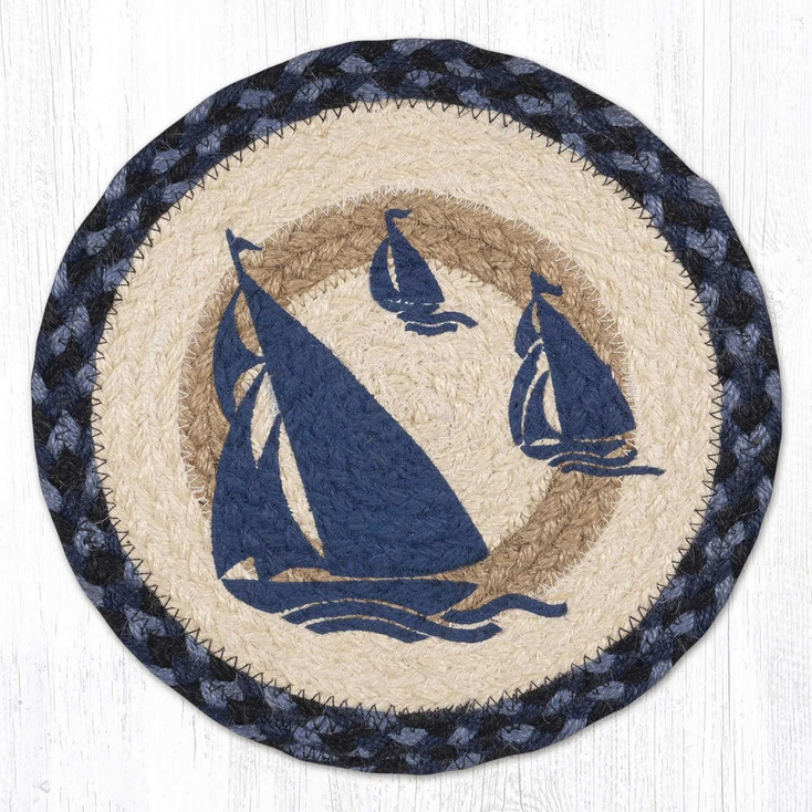 10" Blue Boat Printed Jute Round Trivet by Harry W. Smith, Set of 2