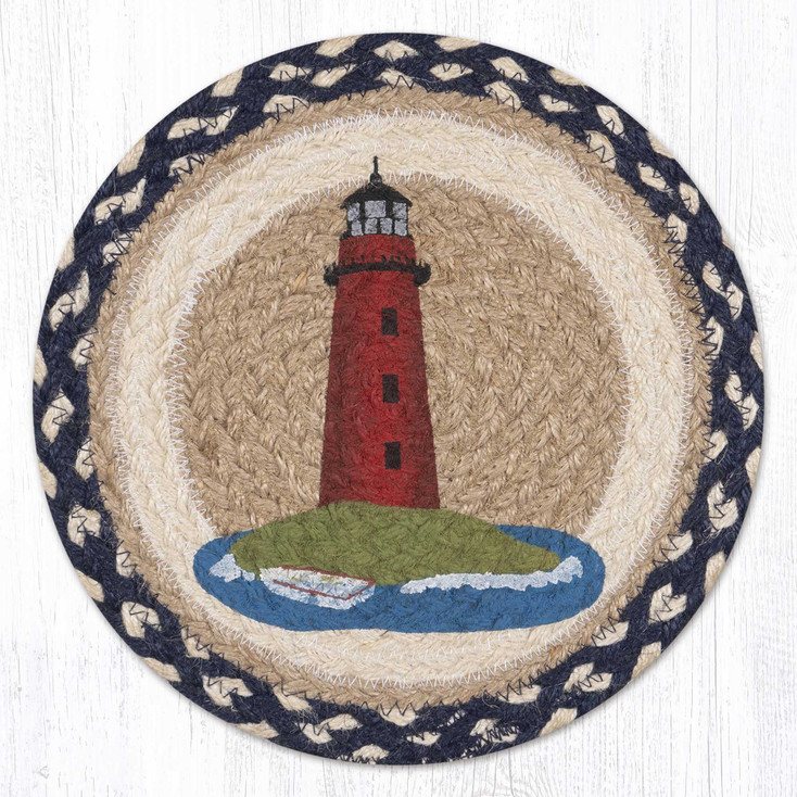 10" Red Lighthouse Printed Jute Round Trivet by Suzanne Pienta, Set of 2