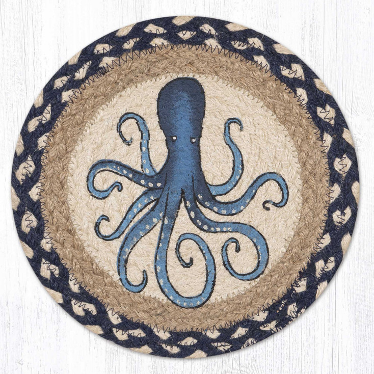 Blue Octopus Printed Jute Round Trivet by Suzanne Pienta