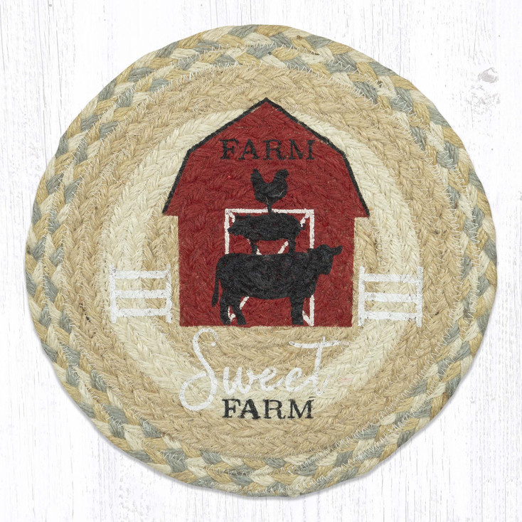 10" Farm Sweet Farm Printed Jute Round Trivet by Suzanne Pienta, Set of 2