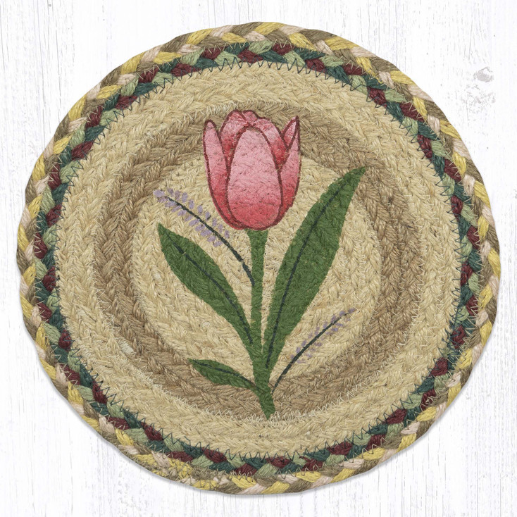 Tulip Printed Jute Round Trivet by Suzanne Pienta