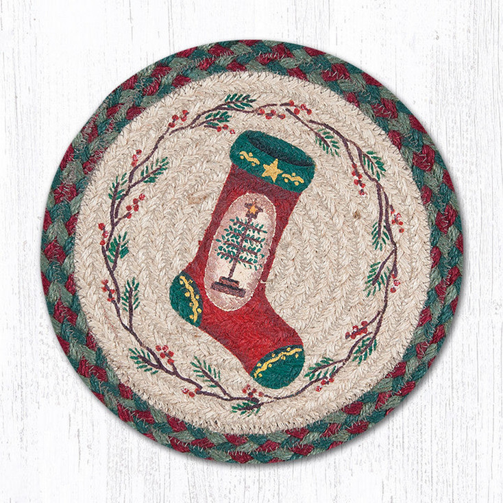 Feather Tree on Stocking Jute Round Trivet by Susan Burd