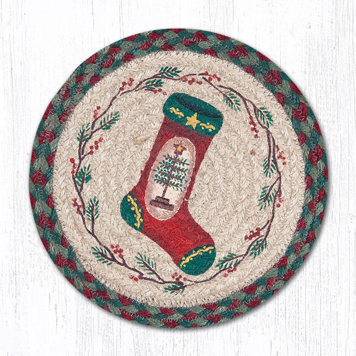 10" Feather Tree on Stocking Printed Jute Round Trivet by Susan Burd, Set of 2