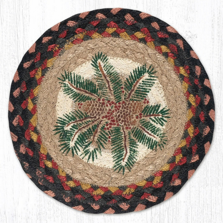 Pinecone Red Berry Printed Jute Round Trivet
