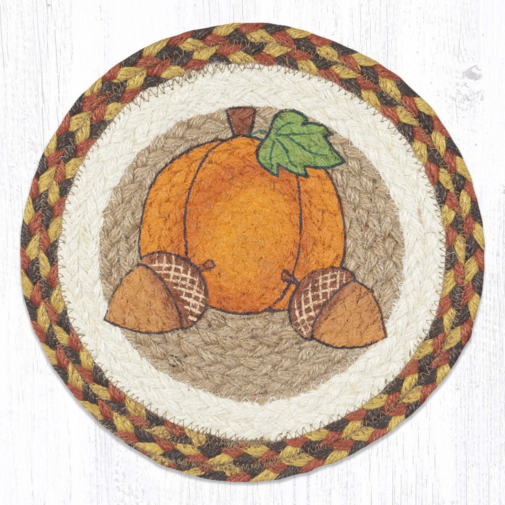 10" Pumpkin Acorn Printed Jute Round Trivet by Suzanne Pienta, Set of 2