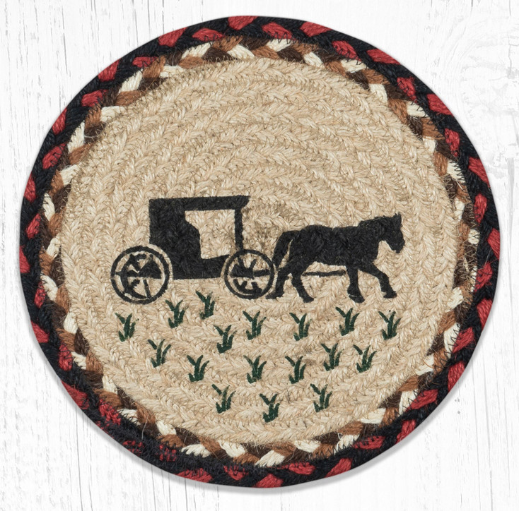 10" Amish Buggy 2 Printed Jute Round Trivet, Set of 2