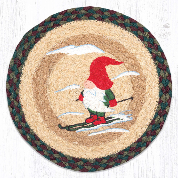 10" Skiing Gnome Printed Jute Round Trivet by Harry W. Smith, Set of 2