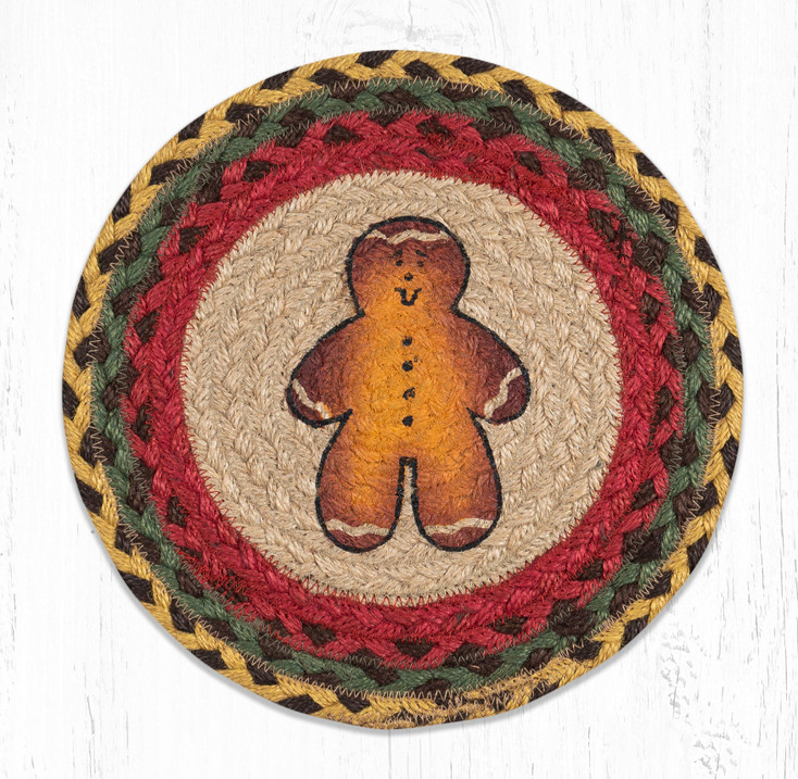 10" Gingerbread Man Printed Jute Round Trivet by Susan Burd, Set of 2