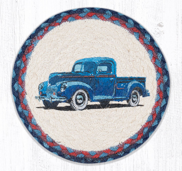 10" Blue Truck Printed Jute Round Trivet, Set of 2