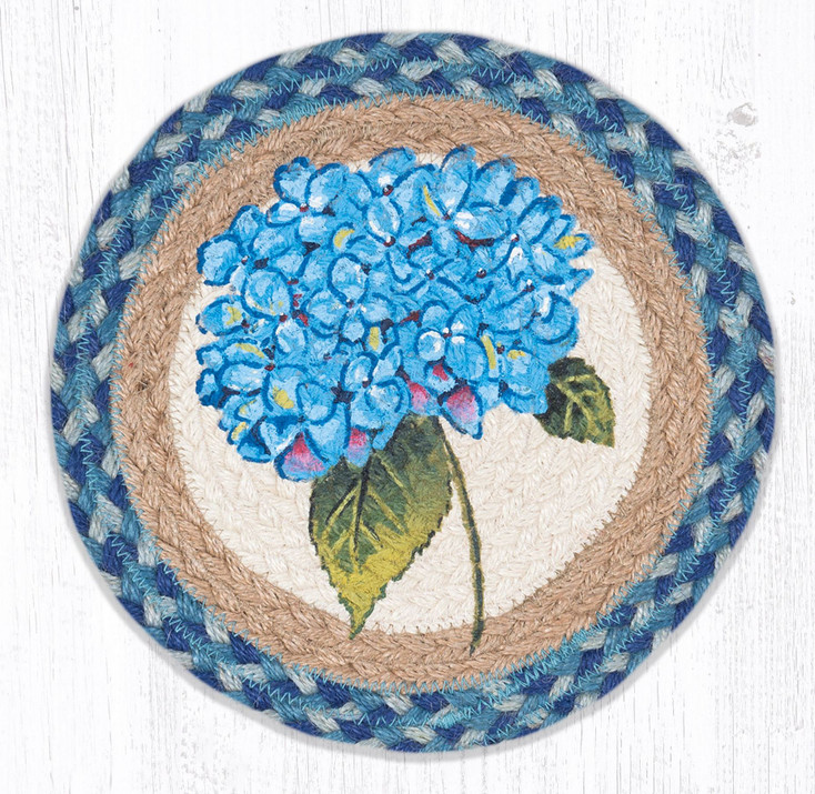 10" Blue Hydrangea Printed Jute Round Trivet by Harry W. Smith, Set of 2