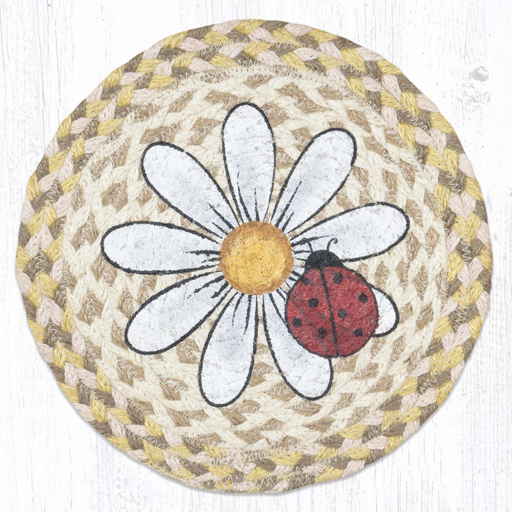 10" Daisy & Ladybug Printed Jute Round Trivet by Suzanne Pienta, Set of 2