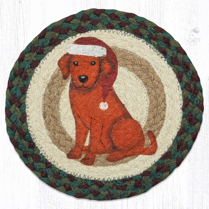 10" Santa Hat Dog Printed Jute Round Trivet by Suzanne Pienta, Set of 2