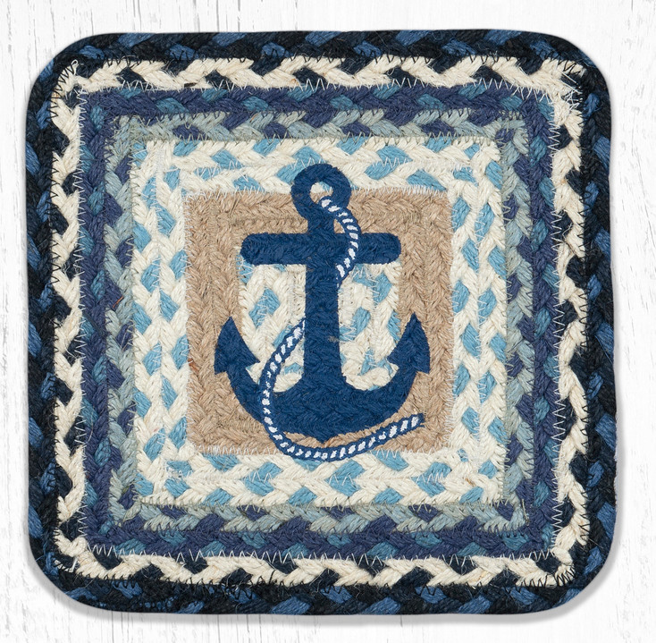 10" Navy Anchor Printed Jute Square Trivet by Harry W. Smith, Set of 2