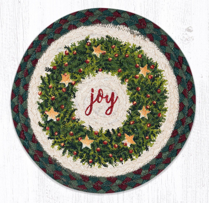 10" Christmas Joy Wreath Printed Jute Round Trivet by Sandy Clough, Set of 2