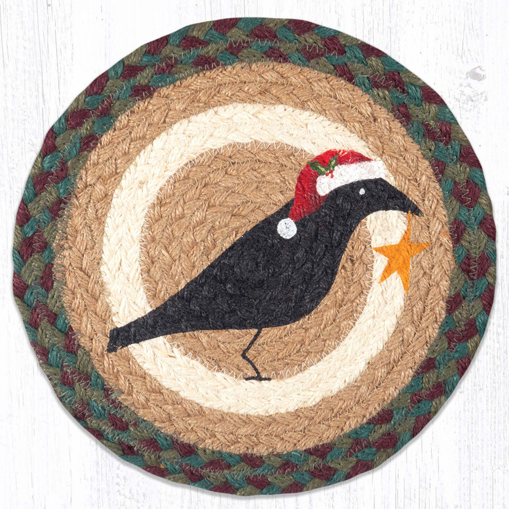 10" Crow Santa Hat Printed Jute Round Trivet by Suzanne Pienta, Set of 2