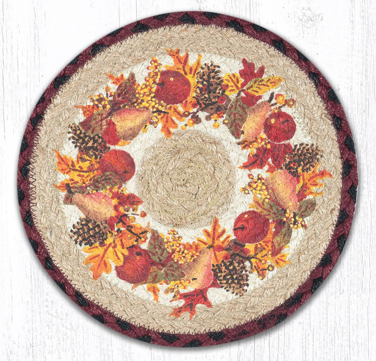 10" Autumn Wreath Printed Jute Round Trivet by Sandy Clough, Set of 2
