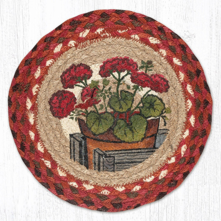 10" Garden Geranium Printed Jute Round Trivet by Phyllis Stevens, Set of 2