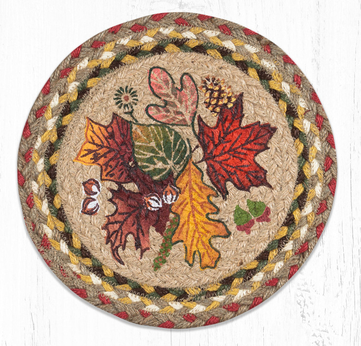10" Autumn Leaves Printed Jute Round Trivet by Phyllis Stevens, Set of 2
