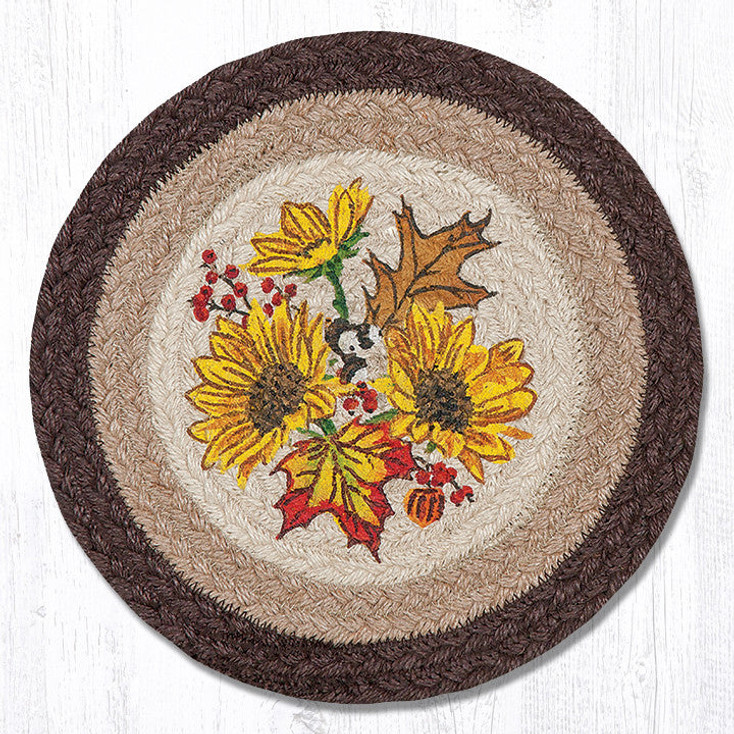10" Autumn Sunflower Printed Jute Round Trivet by Harry W. Smith, Set of 2