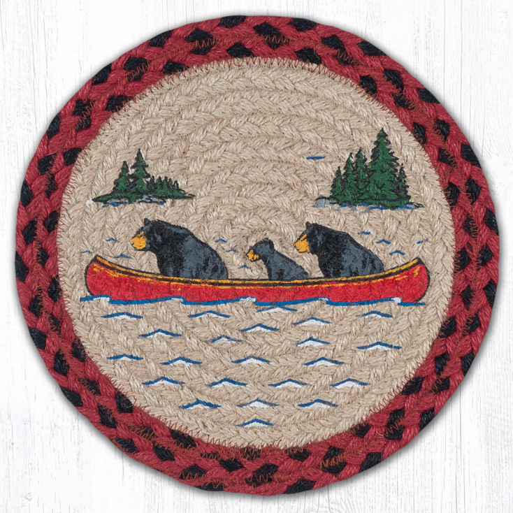 10" Bears in Canoe Printed Jute Round Trivet by Harry W. Smith, Set of 2