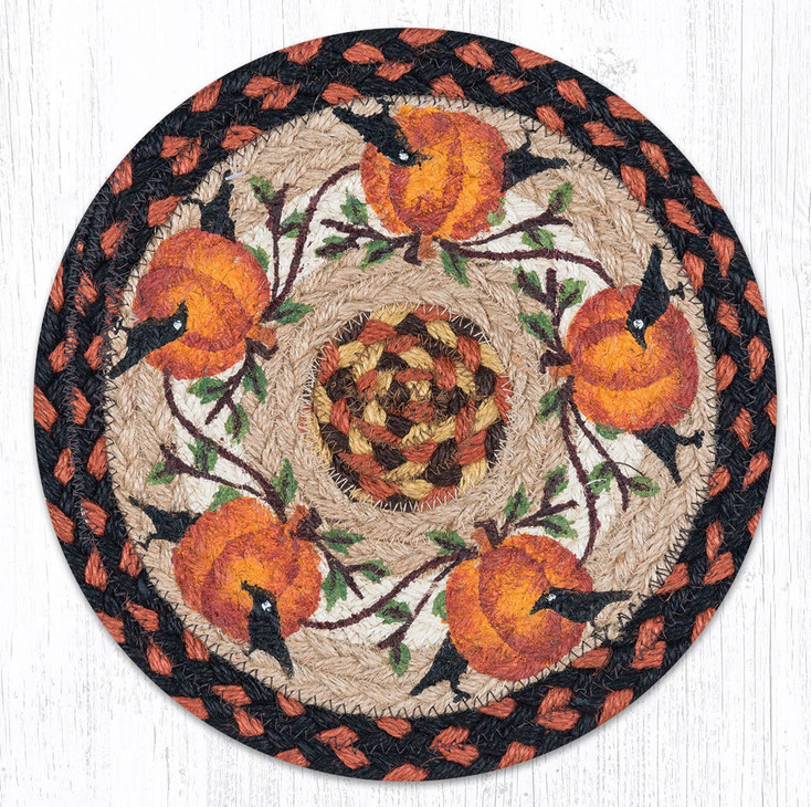 10" Pumpkin Crow Printed Jute Round Trivet by Suzanne Pienta, Set of 2