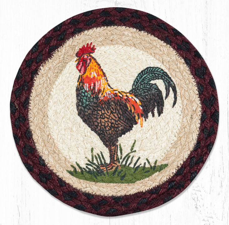 10" Rustic Rooster Printed Jute Round Trivet by Fern Spackman, Set of 2