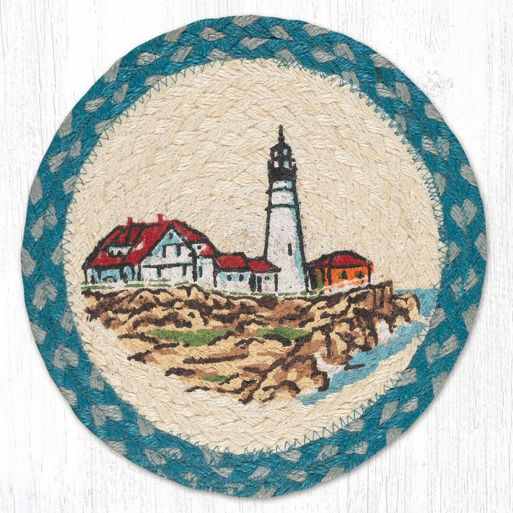 10" Portland Lighthouse Printed Jute Round Trivet by Harry W. Smith, Set of 2