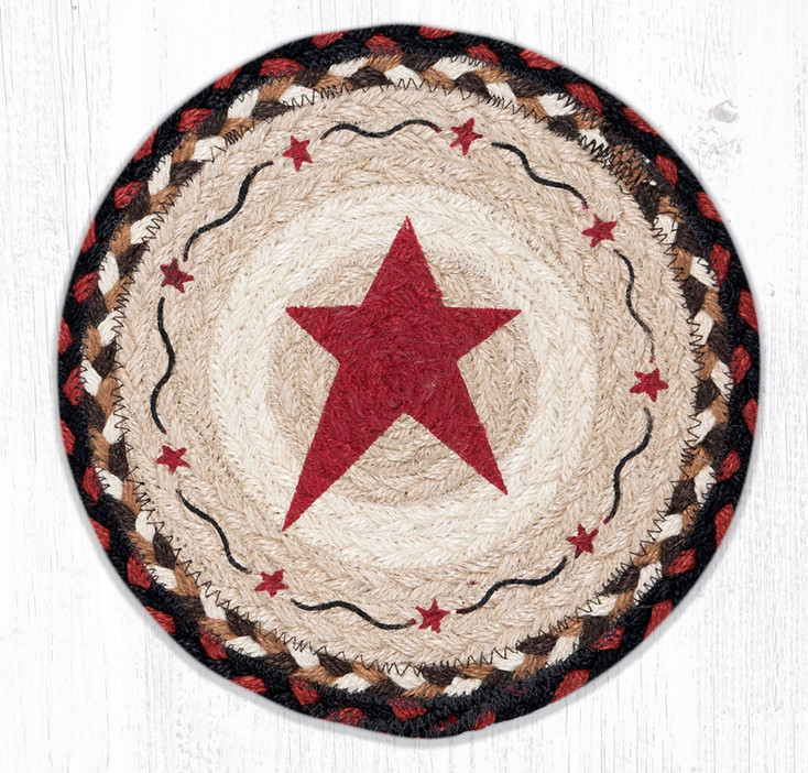 10" Primitive Star Burgundy Printed Jute Round Trivet by Susan Burd, Set of 2