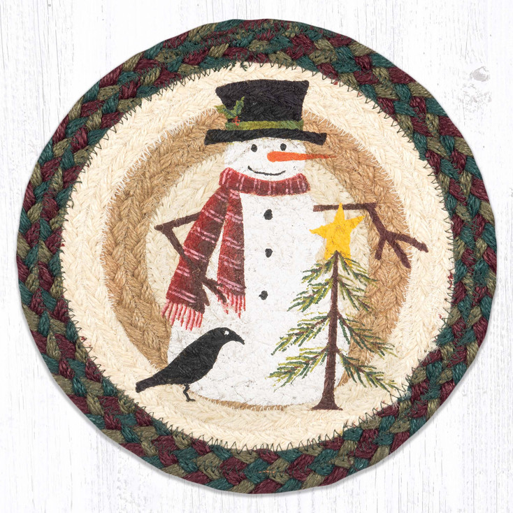 10" Snowman with Tree Printed Jute Round Trivet by Suzanne Pienta, Set of 2