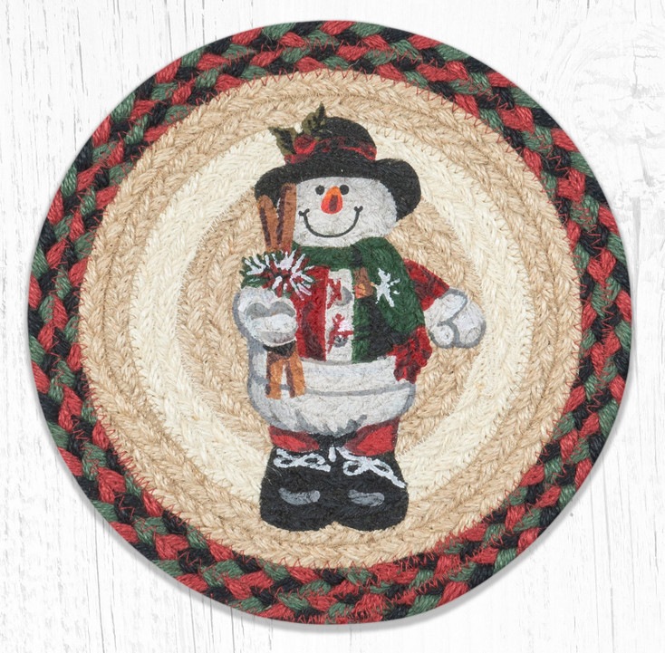 10" Snowman in Top Hat Printed Jute Round Trivet, Set of 2