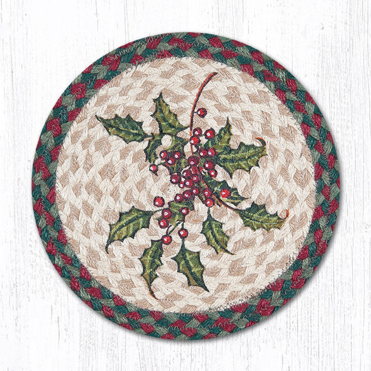 10" Holly Printed Jute Round Trivet by Sandy Clough, Set of 2