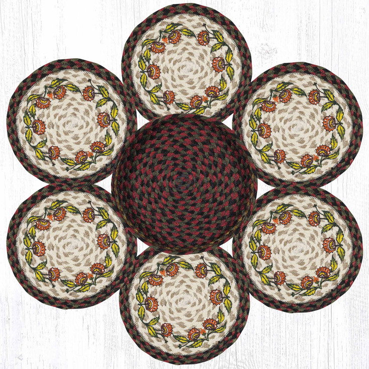 Holiday Floral Braided Jute Trivets and Basket Holder by Phyllis Stevens, Set of 7
