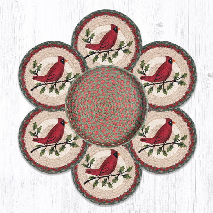 Holly Cardinal Braided Jute Trivets and Basket Holder by Suzanne Pienta, Set of 7