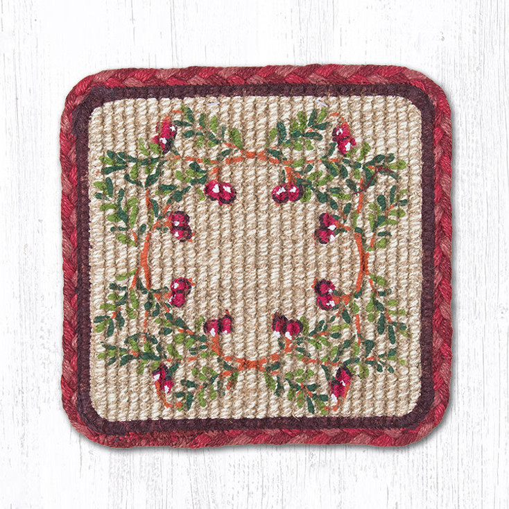 9" Cranberries Wicker Weave Jute Square Trivet by Harry W. Smith, Set of 4