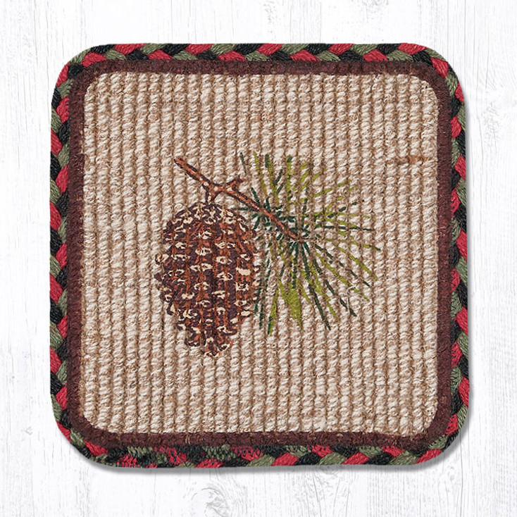 9" Pinecone Wicker Weave Jute Square Trivet by Sandy Clough, Set of 4