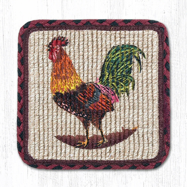 9" Morning Rooster Wicker Weave Jute Square Trivet by Sandy Clough, Set of 4