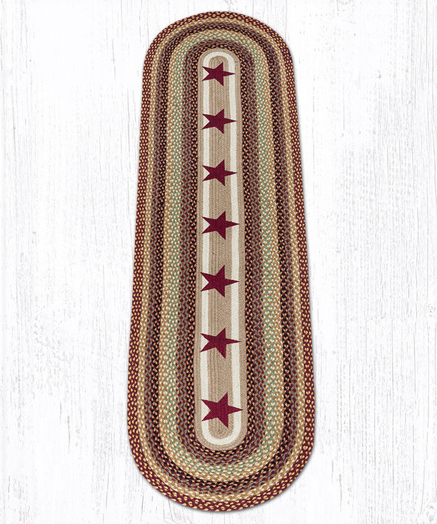 2' x 8' Burgundy Stars Braided Jute Oval Runner Rug