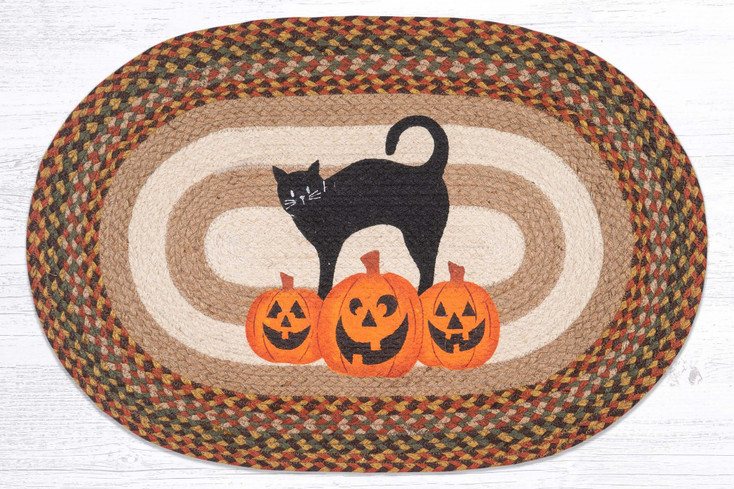 20" x 30" Pumpkin & Cat Braided Jute Oval Rug by Suzanne Pienta
