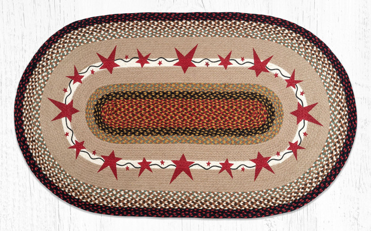 3' x 5' Primitive Stars Burgundy Braided Jute Oval Rug by Susan Burd