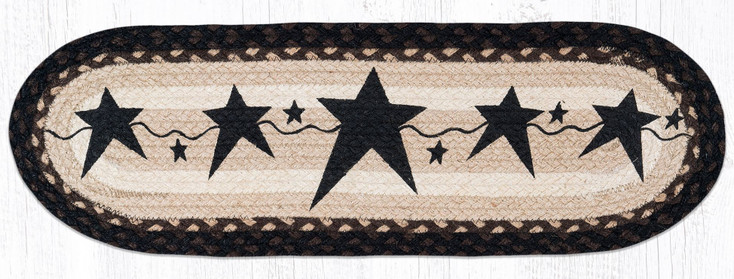 8.25" x 27" Primitive Stars Black Jute Oval Stair Tread Rug by Susan Burd, Set of 2