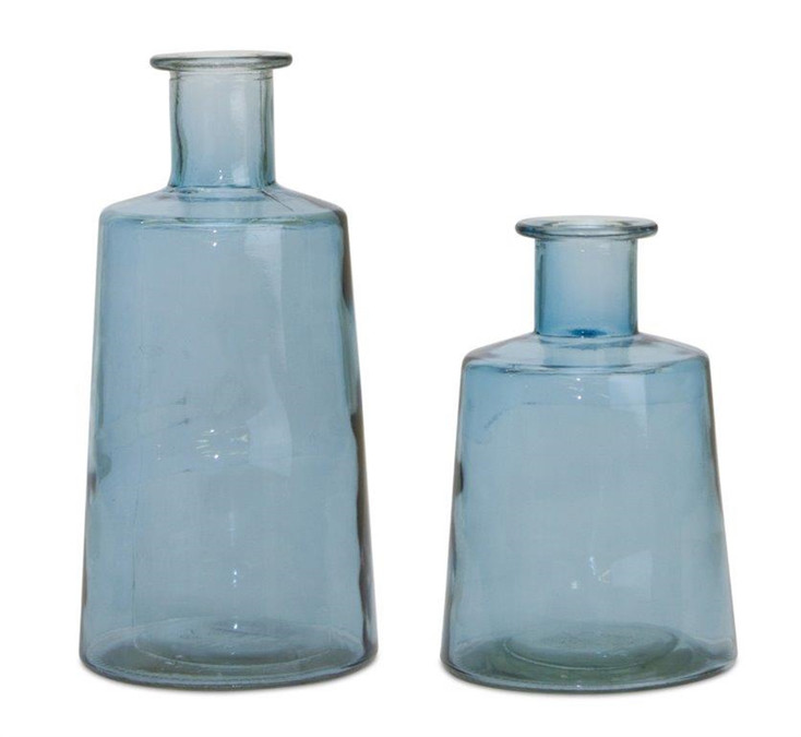 Blue Bottle Glass Vases, Set of 2