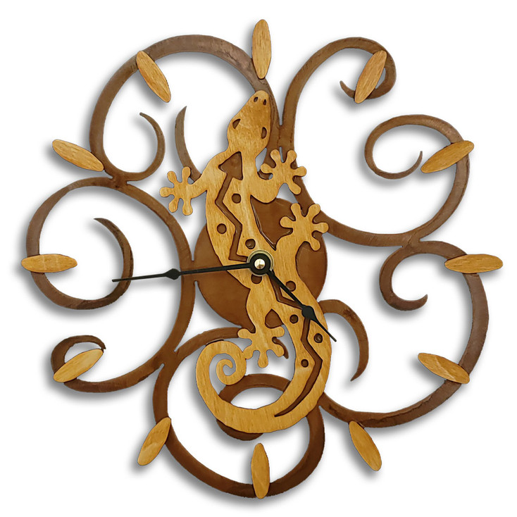 S Shaped Gecko Lizard Southwest Swirl Wood & Metal Wall Clock