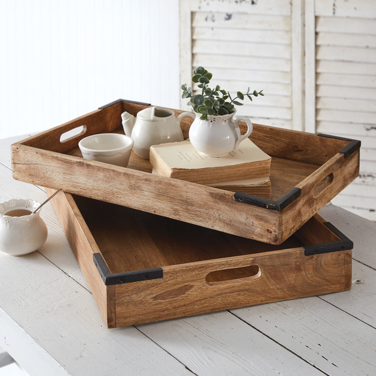 Coffee Table Wood and Metal Serving Trays, Set of 2