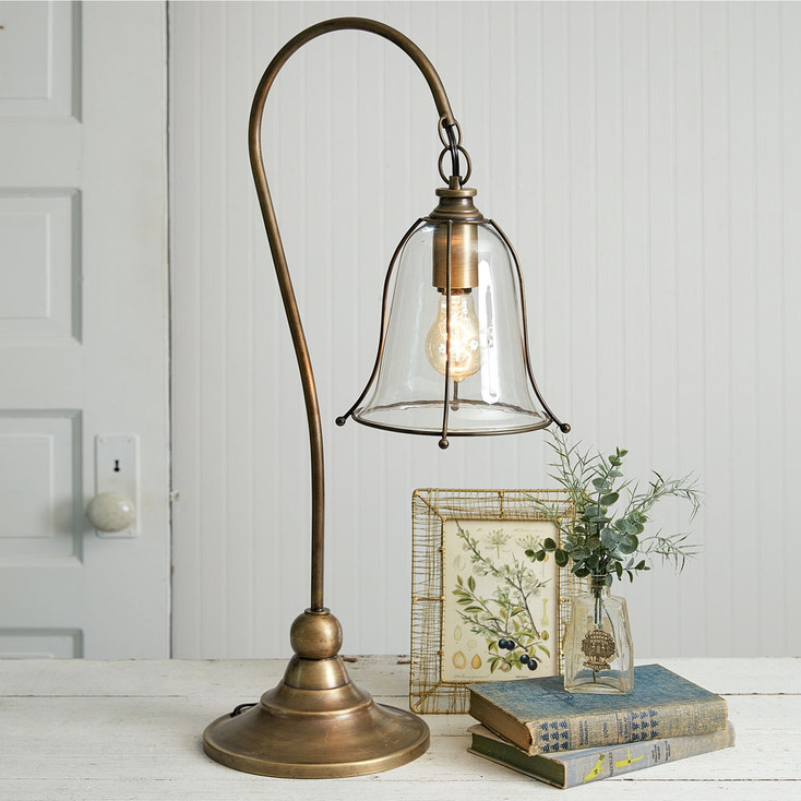 Antique Gooseneck Brass Table Lamp with Glass Lampshade