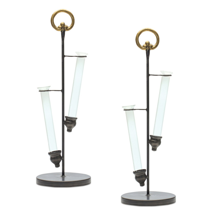 16.25" Iron and Glass Double Vases with Handles, Set of 2