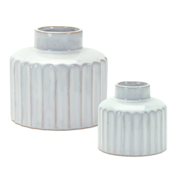 White Ribbed Porcelain Vases, Set of 2