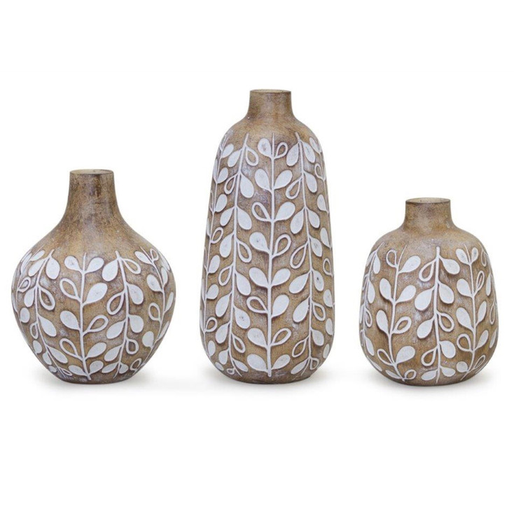 Brown and White Leaf Polyresin Vases, Set of 3