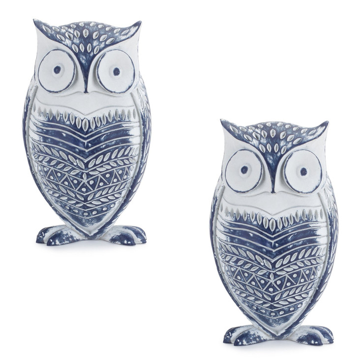 7" White and Blue Owl Bird Polyresin Statues, Set of 2