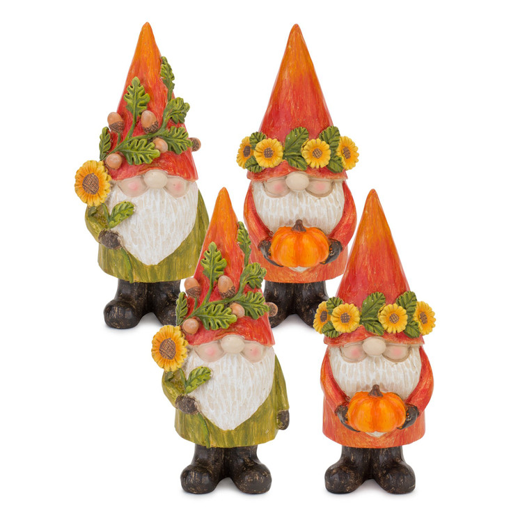 6" Sunflower and Pumpkin Gnomes Polyresin Statues, Set of 4