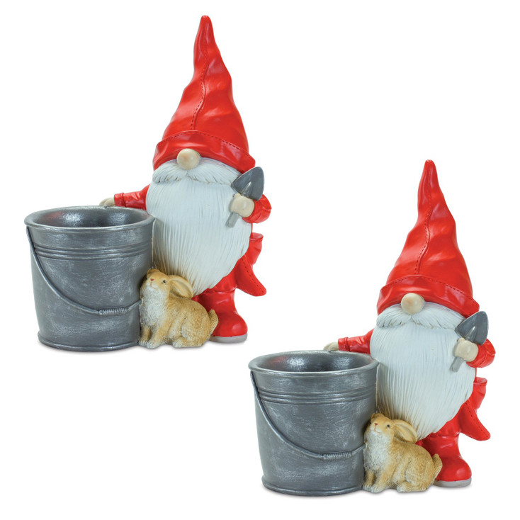 11.25" Gnome with Pail and Bunny Polyresin Statues, Set of 2